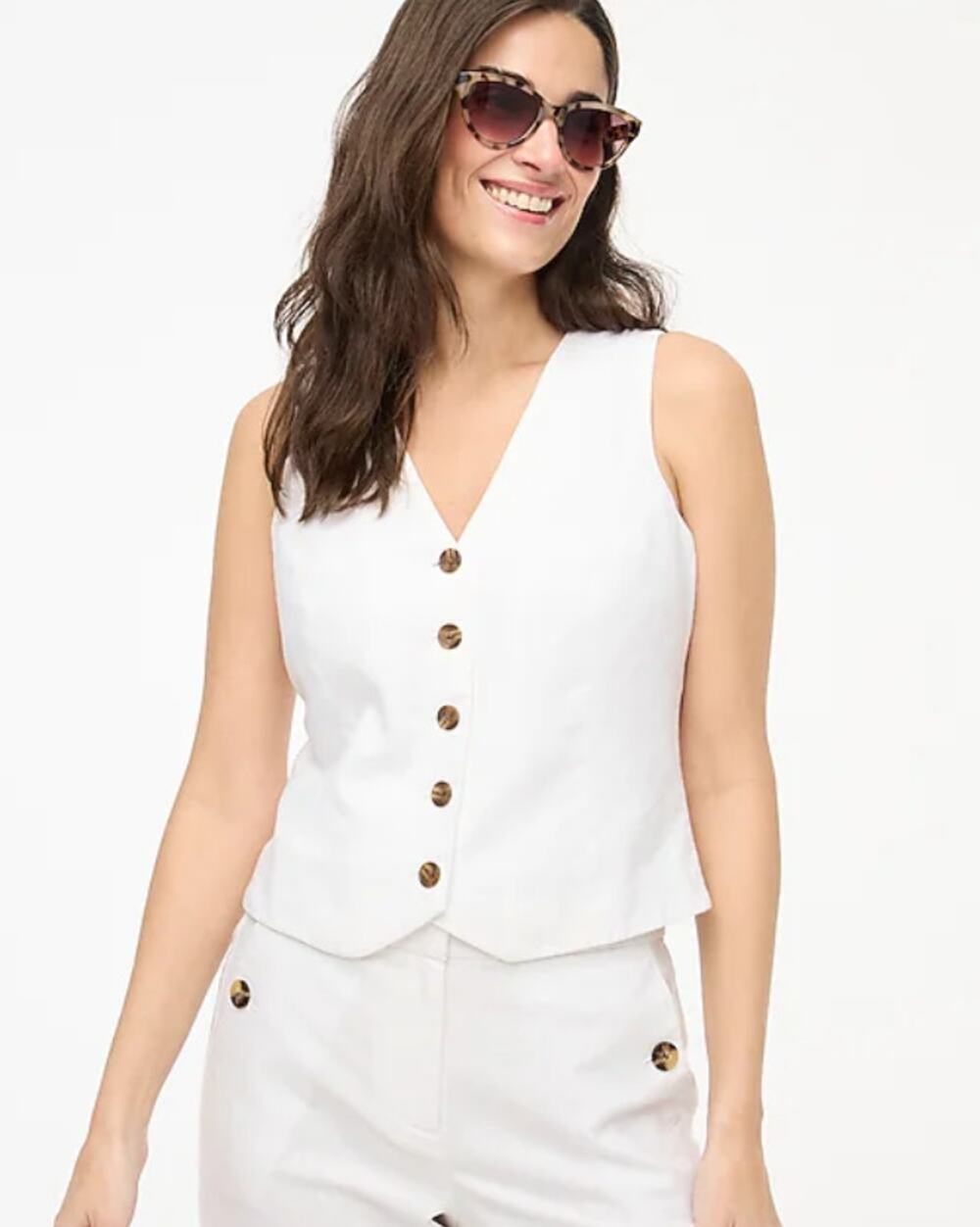 J.Crew Button Front Linen Blend Vest 6 White Sleeveless V-Neck Breathable Lined